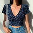 Floral Cross Crop Top - Short Sleeve V-Neck