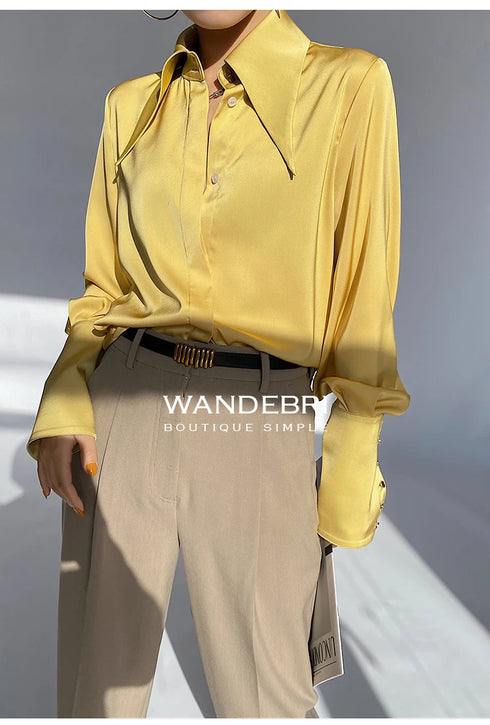 Elegant Satin Silk Blouse with Turn Down Collar