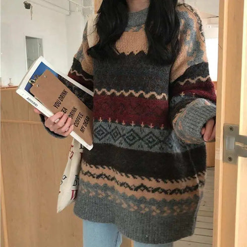 Vintage Striped Loose Pullover Sweater for Women
