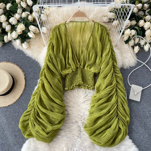 Elegant V-Neck Puff Sleeve Chiffon Blouse