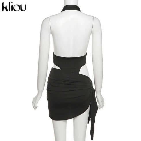 Kliou Solid Deep V Backless Two Piece Set in Black