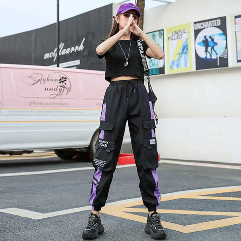 Women's Casual Cargo Joggers - Black & White