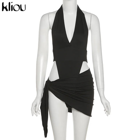 Kliou Solid Deep V Backless Two Piece Set in Black