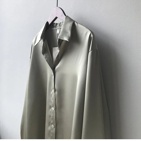 Spring Fashion Button Up Silk Shirt Vintage Blouse Women Satin Tops Office Lady Elegant Long Sleeves Female Loose Shirts 11355