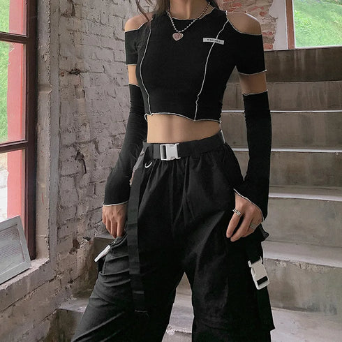 Patchwork Black T-shirts Gothic One Shoulder Sleeve Y2k Crop Tops Ruffles Hem Hip Hop Techwear Women Tees Stylish Summer Essentials