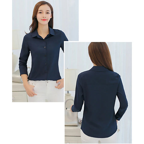 GAOKE OL Work Wear White Blue Blouse Long Sleeve Turn-down Collar Formal Elegant Female Shirt Ladies Tops School