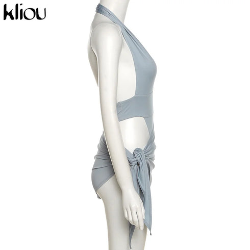 Kliou Solid Deep V Backless Two Piece Set in Black