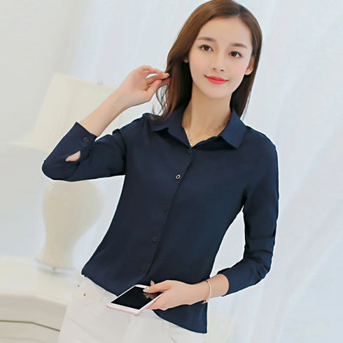 GAOKE OL Work Wear White Blue Blouse Long Sleeve Turn-down Collar Formal Elegant Female Shirt Ladies Tops School