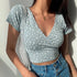 Floral Cross Crop Top - Short Sleeve V-Neck