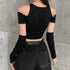 Patchwork Black T-shirts Gothic One Shoulder Sleeve Y2k Crop Tops Ruffles Hem Hip Hop Techwear Women Tees Stylish Summer Essentials