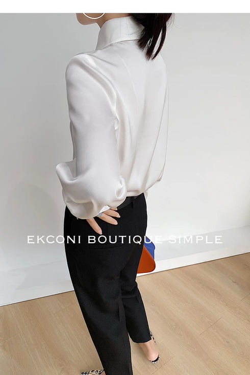 Elegant Satin Silk Blouse with Turn Down Collar