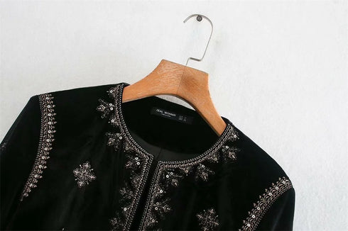 Women's Velvet Short Cardigan with Embroidery and Sequins