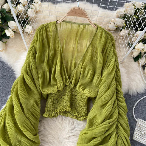Elegant V-Neck Puff Sleeve Chiffon Blouse