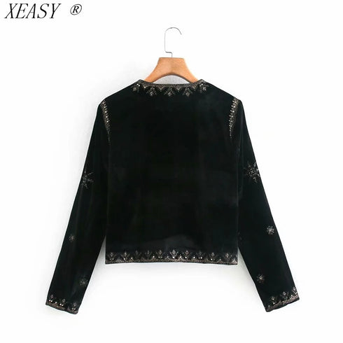 Women's Velvet Short Cardigan with Embroidery and Sequins