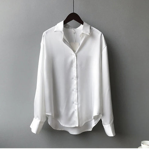 Spring Fashion Button Up Silk Shirt Vintage Blouse Women Satin Tops Office Lady Elegant Long Sleeves Female Loose Shirts 11355