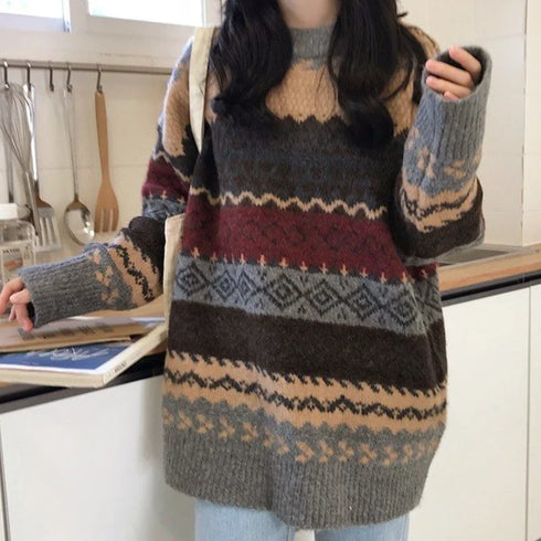 Vintage Striped Loose Pullover Sweater for Women