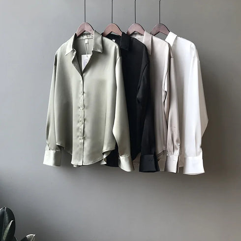 Spring Fashion Button Up Silk Shirt Vintage Blouse Women Satin Tops Office Lady Elegant Long Sleeves Female Loose Shirts 11355