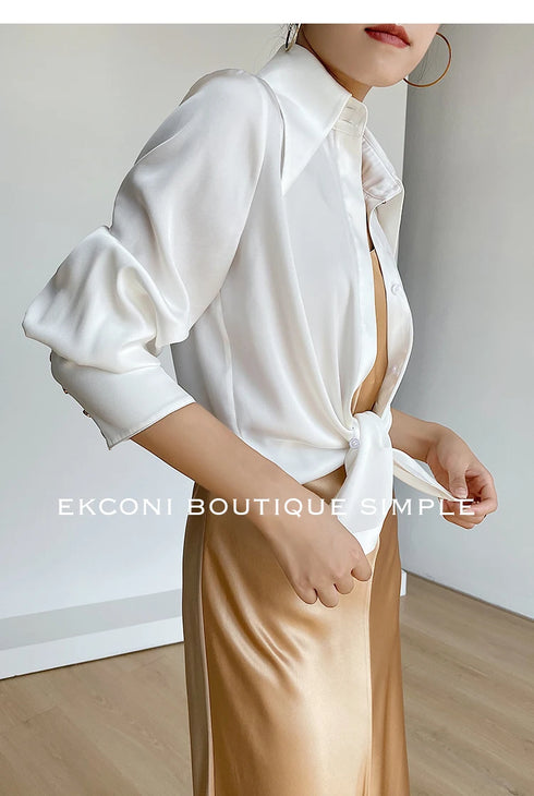 Elegant Satin Silk Blouse with Turn Down Collar