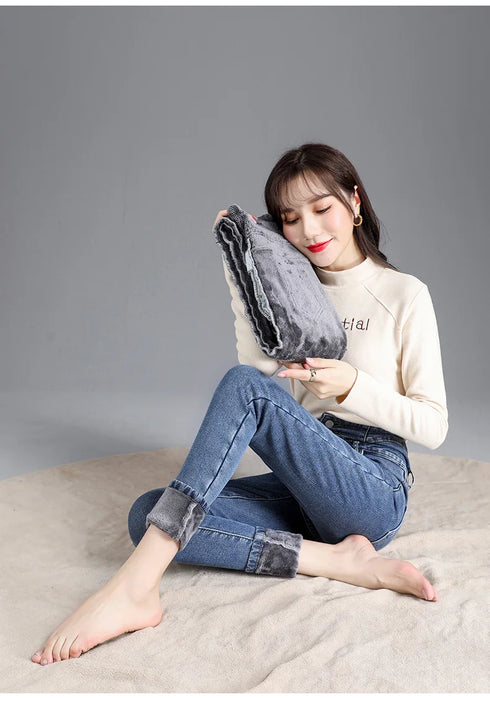High-Waist Fleece-Lined Skinny Jeans for Women