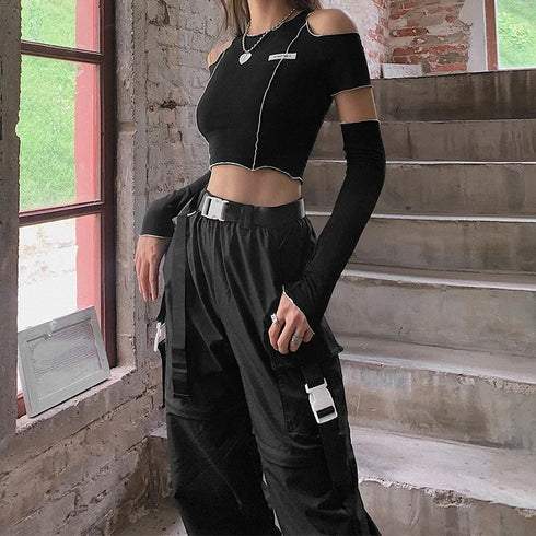 Patchwork Black T-shirts Gothic One Shoulder Sleeve Y2k Crop Tops Ruffles Hem Hip Hop Techwear Women Tees Stylish Summer Essentials
