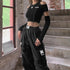 Patchwork Black T-shirts Gothic One Shoulder Sleeve Y2k Crop Tops Ruffles Hem Hip Hop Techwear Women Tees Stylish Summer Essentials