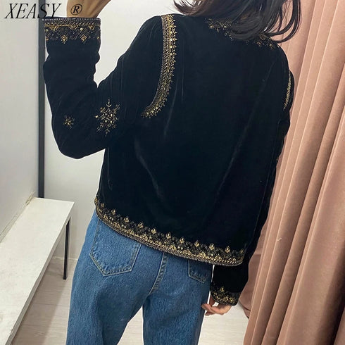 Women's Velvet Short Cardigan with Embroidery and Sequins
