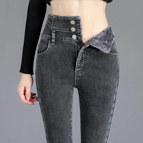 High-Waist Thick Fleece Skinny Jeans for Women