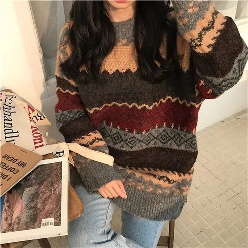 Vintage Striped Loose Pullover Sweater for Women