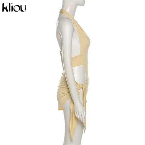 Kliou Solid Deep V Backless Two Piece Set in Black