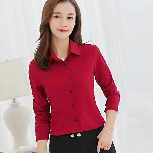 GAOKE OL Work Wear White Blue Blouse Long Sleeve Turn-down Collar Formal Elegant Female Shirt Ladies Tops School