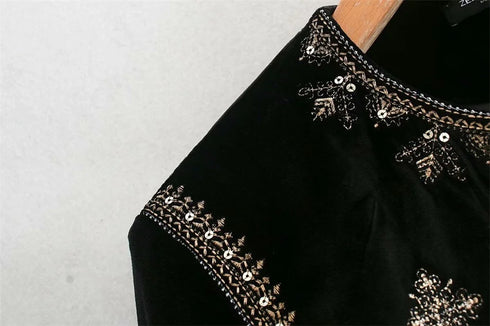 Women's Velvet Short Cardigan with Embroidery and Sequins