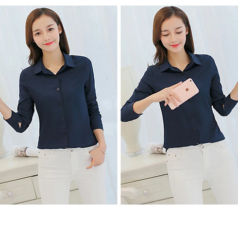 GAOKE OL Work Wear White Blue Blouse Long Sleeve Turn-down Collar Formal Elegant Female Shirt Ladies Tops School