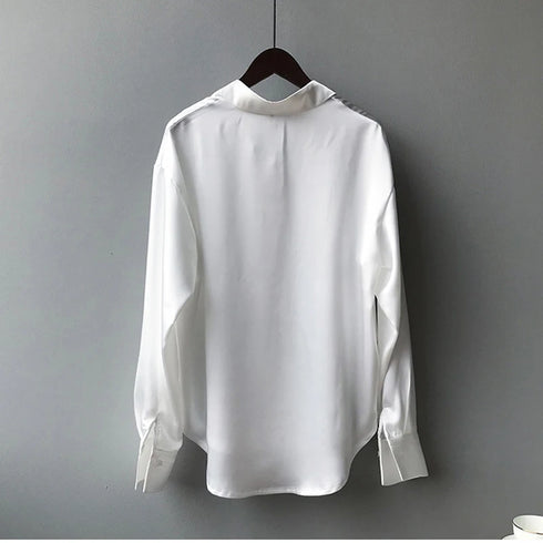 Spring Fashion Button Up Silk Shirt Vintage Blouse Women Satin Tops Office Lady Elegant Long Sleeves Female Loose Shirts 11355