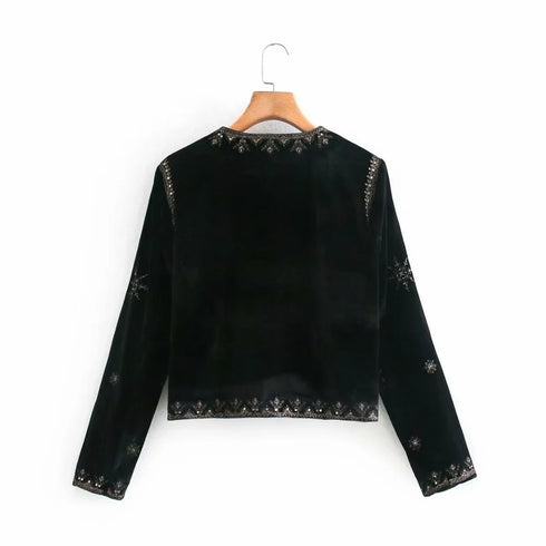 Women's Velvet Short Cardigan with Embroidery and Sequins