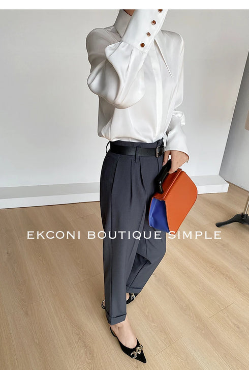 Elegant Satin Silk Blouse with Turn Down Collar
