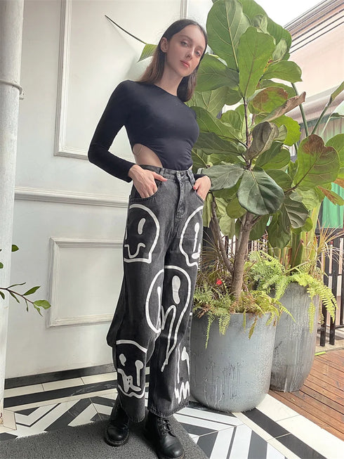 Black Loose Fit Wide Leg Denim Jeans