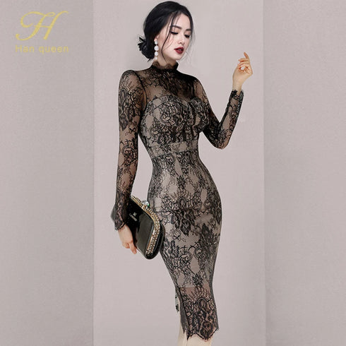 H Han Queen Autumn See Through Lace Pencil Dress Elegant Women