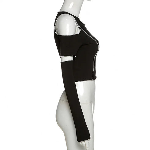 Patchwork Black T-shirts Gothic One Shoulder Sleeve Y2k Crop Tops Ruffles Hem Hip Hop Techwear Women Tees Stylish Summer Essentials