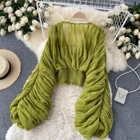 Elegant V-Neck Puff Sleeve Chiffon Blouse