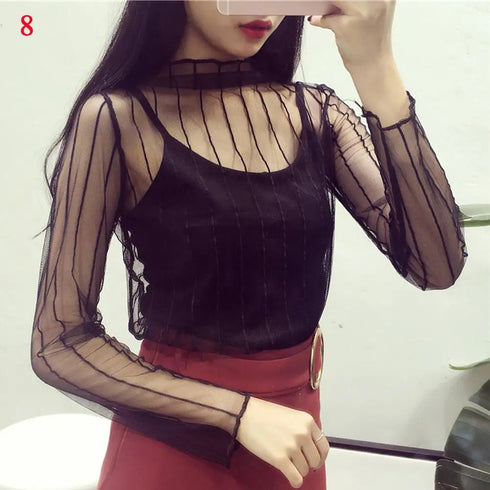 Sheer Long Sleeve Lace Turtleneck Top in Black and White