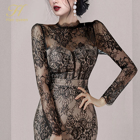 H Han Queen Autumn See Through Lace Pencil Dress Elegant Women