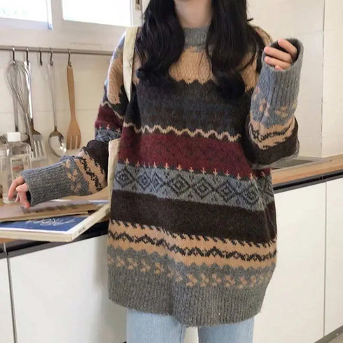 Vintage Striped Loose Pullover Sweater for Women