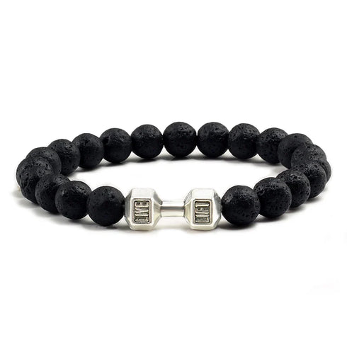 Natural Volcanic Stone Bracelet Men Matte Black Lava White Beads Fitness Jewelry