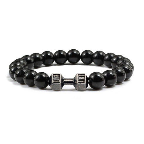 Natural Volcanic Stone Bracelet Men Matte Black Lava White Beads Fitness Jewelry