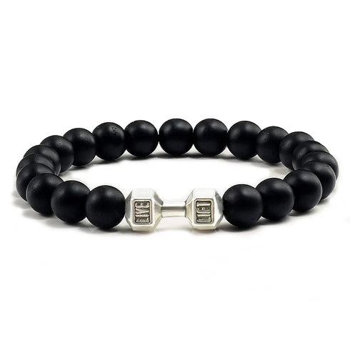 Natural Volcanic Stone Bracelet Men Matte Black Lava White Beads Fitness Jewelry