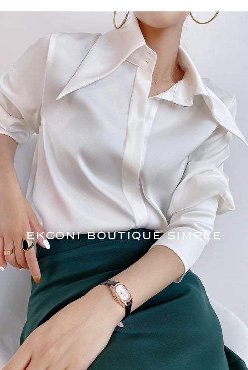 Elegant Satin Silk Blouse with Turn Down Collar