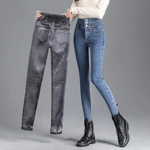 High-Waist Thick Fleece Skinny Jeans for Women