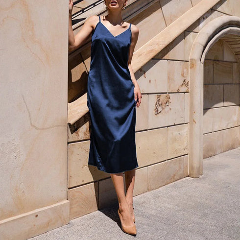 Satin Summer Backless Dress with Spaghetti Straps