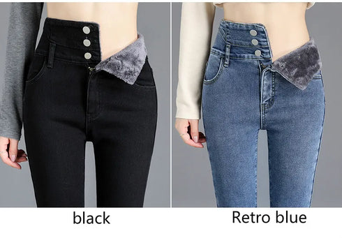 High-Waist Fleece-Lined Skinny Jeans for Women