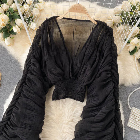 Elegant V-Neck Puff Sleeve Chiffon Blouse